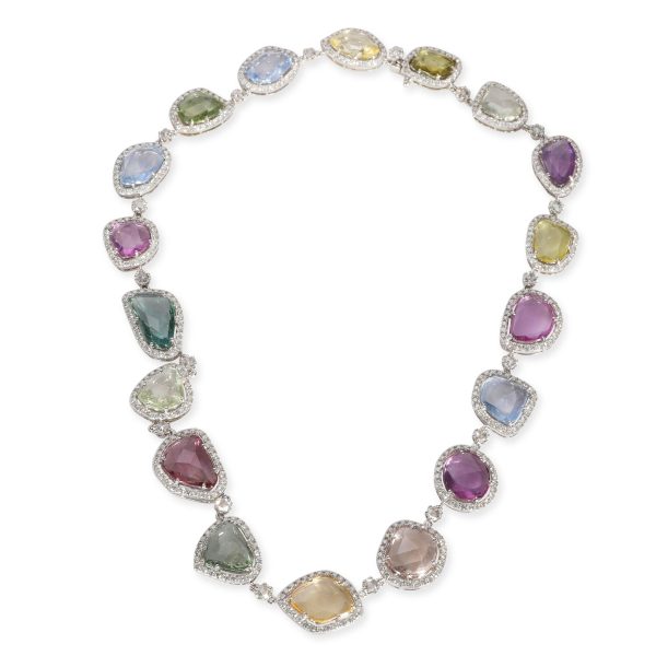 107243 pv Halo Diamond Multi Colored Sapphire Slice Necklace in 18K White Gold 773 CTW