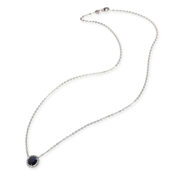 107673 pv Halo Diamond Sapphire Necklace in 18K White Gold 010 CTW