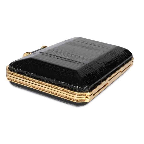 107738 clasp Judith Leiber Black Elaphe Gold Crystal Solo Clutch