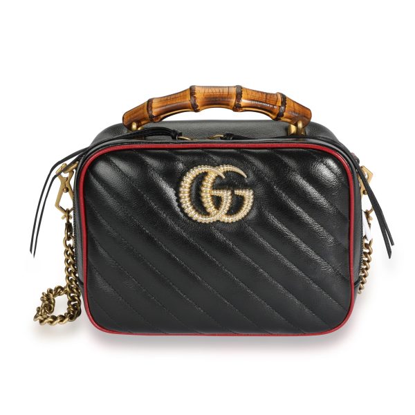 108515 fv Gucci Black Matelassé Leather GG Marmont Bamboo Small Bag