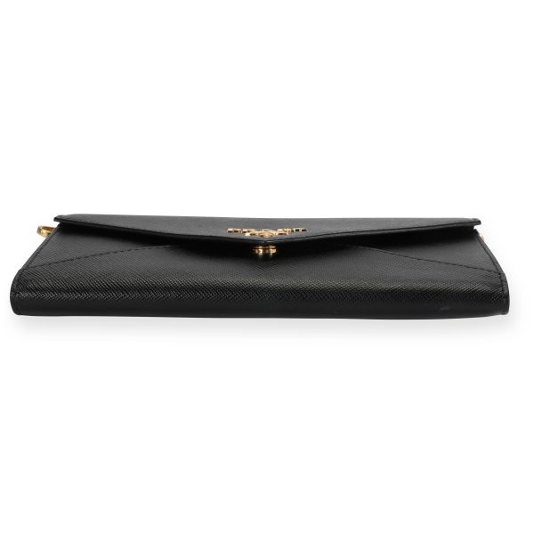 108839 stamp Prada Black Saffiano Leather Envelope Chain Wallet