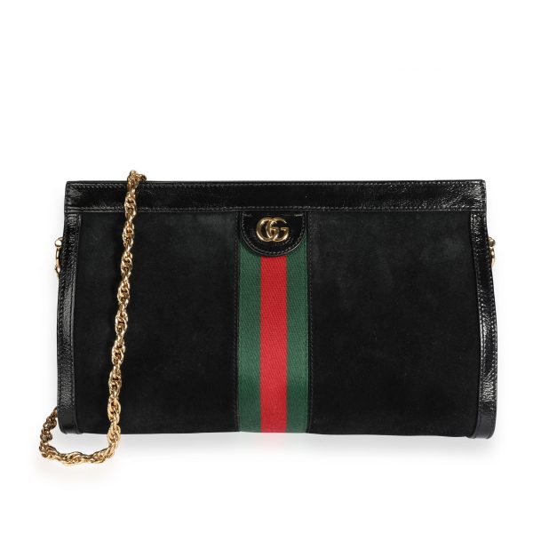 109101 fv 70adc2a1 394d 4a6e b86d 782878c0f6a6 Gucci Black Suede Patent Leather Ophidia Small Shoulder Bag