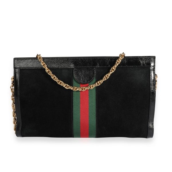 109101 pv f61d4858 7140 478d 9b91 342382e8c780 Gucci Black Suede Patent Leather Ophidia Small Shoulder Bag