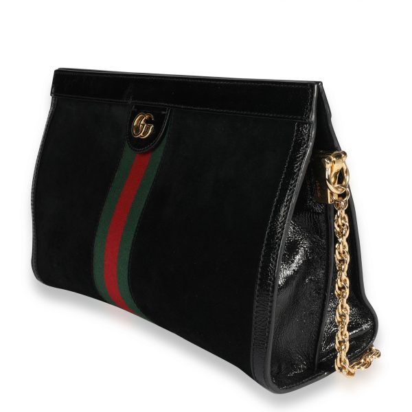 109101 sv 9cdc3fb8 760e 478c a95e 1b36316a4bbe Gucci Black Suede Patent Leather Ophidia Small Shoulder Bag