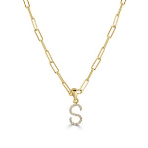 109469 fv 14k Yellow Gold Diamond Paperclip Initial S Necklace