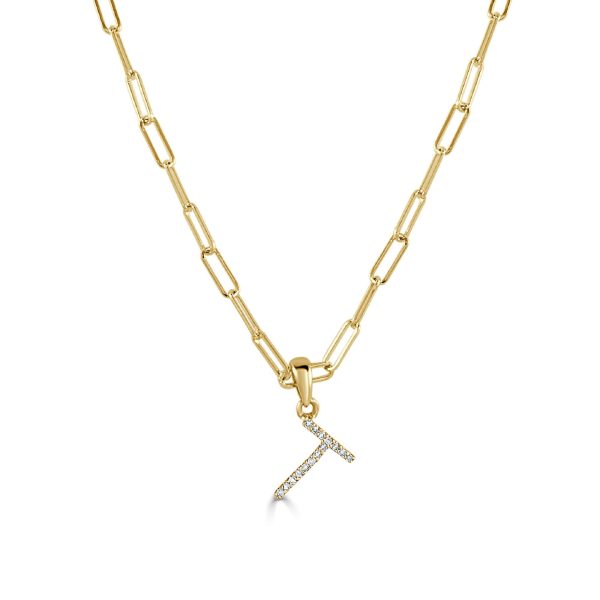 109470 fv 14k Yellow Gold Diamond Paperclip Initial T Necklace