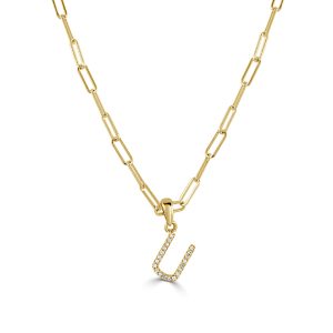 109471 fv 14k Yellow Gold Diamond Paperclip Initial U Necklace