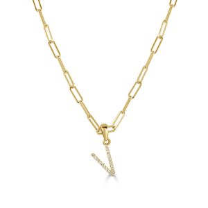 109472 fv Diamond Paperclip Initial V Necklace in 14K Yellow Gold