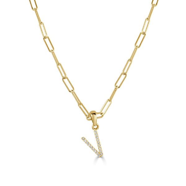 109472 fv Diamond Paperclip Initial V Necklace in 14K Yellow Gold