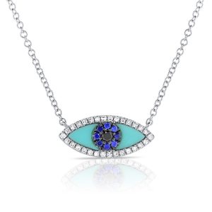 109498 fv d642e498 6e9b 45e9 9194 af9e644084ec Diamond Turquoise Evil Eye Necklace in 14K White Gold