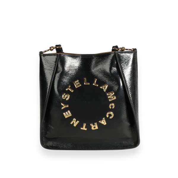 109698 fv Stella McCartney Black Vegan Patent Logo Messenger Bag