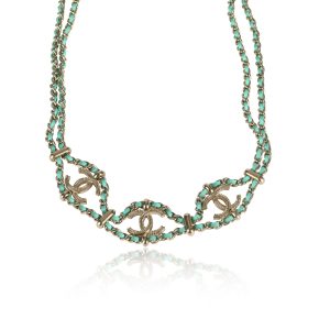 109882 fv Chanel B18 C Green Woven Choker Necklace