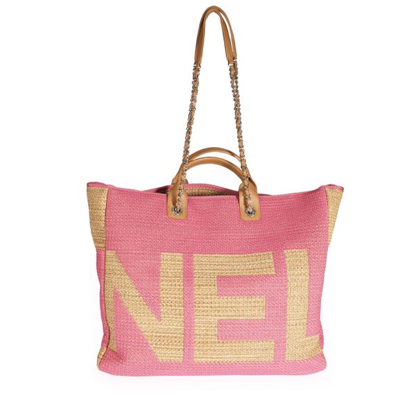 110041 bv Chanel Pink Tan Raffia Large Shopping Tote