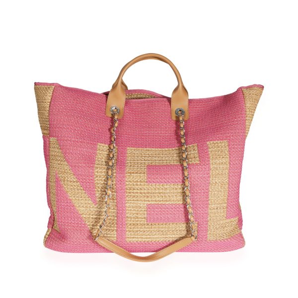 110041 fv Chanel Pink Tan Raffia Large Shopping Tote