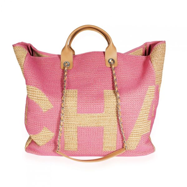 110041 pv Chanel Pink Tan Raffia Large Shopping Tote