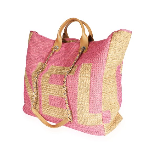 110041 sv Chanel Pink Tan Raffia Large Shopping Tote