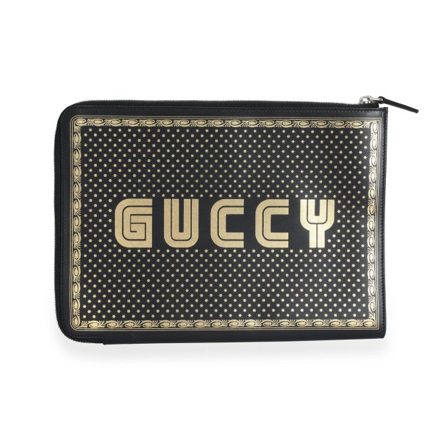 110042 fv fb214b5c 1cf9 4205 8b23 5c2f792bf693 Gucci Black Gold Magnetismo Print Leather Pouch