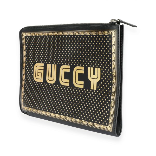 110042 sv f95e17f6 f3e4 4203 b976 ae5365ba42b9 Gucci Black Gold Magnetismo Print Leather Pouch