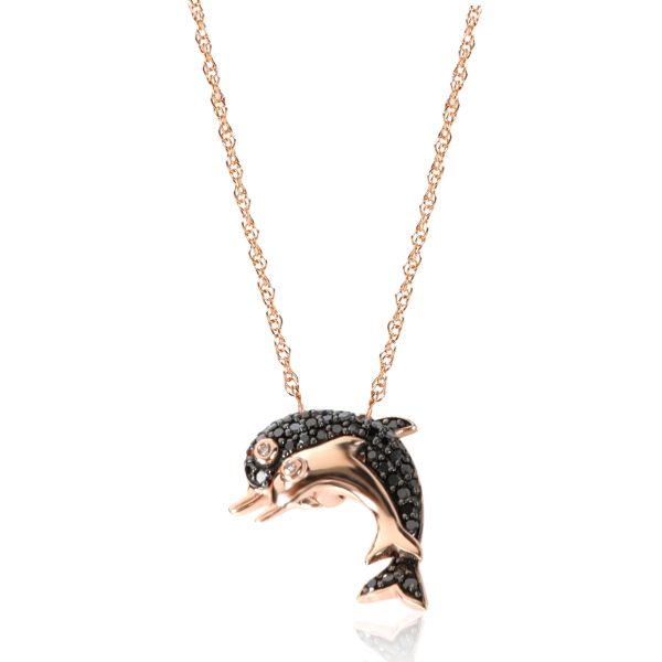 110085 fv 5da36fbb c0b5 4ec5 b622 0b80670e3cff Black Diamond Dolphin Pendant in 14K Rose Gold 020 CTW