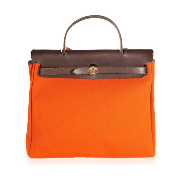 110536 fv 01e44276 9cdf 48f4 8384 8d8a48bd0f63 Hermès Orange Red Toile 2 in 1 Herbag with Ébène Vache Hunter Leather