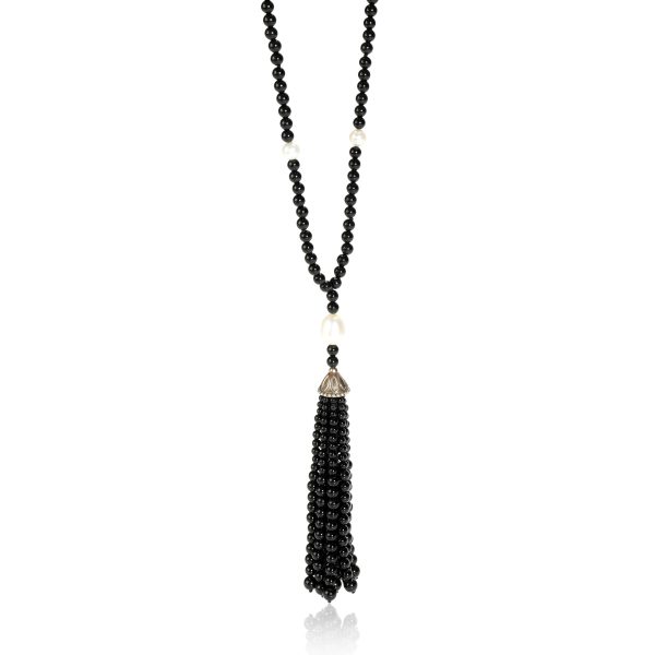 110660 fv Tiffany Co Ziegfield Tassel Black Onyx Pearl Necklace in Sterling Silver