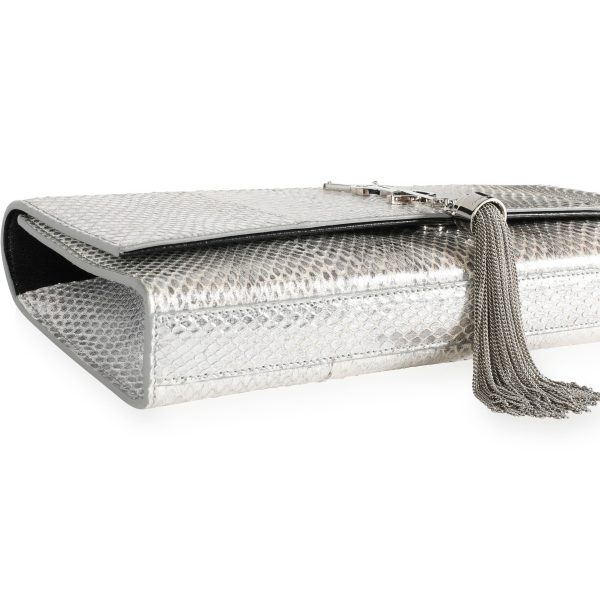 111154 clasp 4c717d81 f6da 4798 916e c1e882963d7b Saint Laurent Silver Embossed Snakeskin Classic Monogram Kate Tassel Clutch