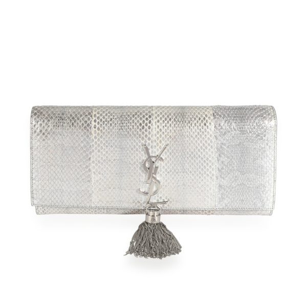 111154 fv 344d15b9 e4da 46e7 ba92 08e4cf422a50 Saint Laurent Silver Embossed Snakeskin Classic Monogram Kate Tassel Clutch