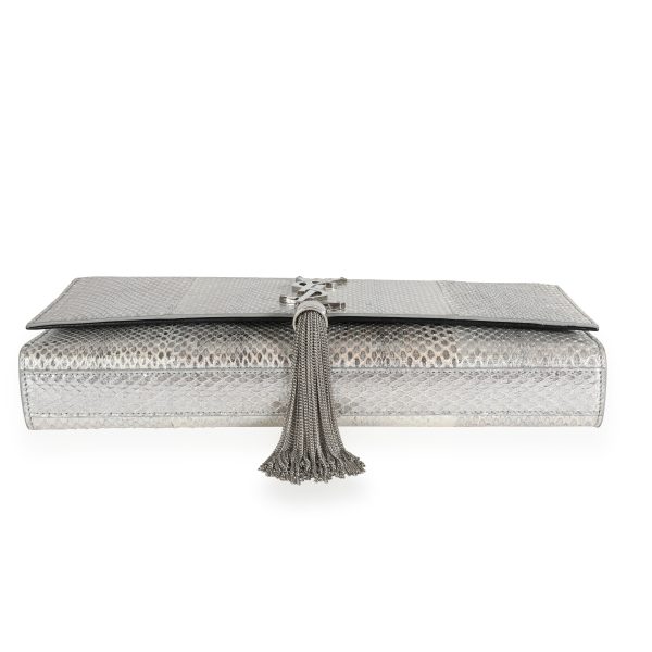 111154 stamp a4889fed 40ba 4b98 8d93 3b8e981dd28b Saint Laurent Silver Embossed Snakeskin Classic Monogram Kate Tassel Clutch