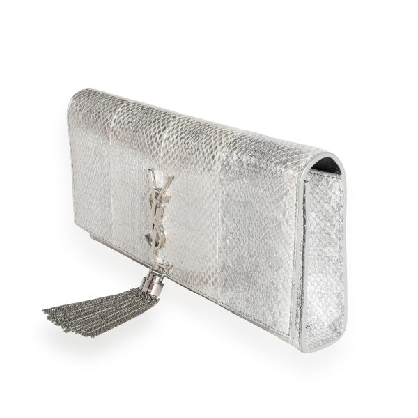 111154 sv ac6d6eb9 63a1 4107 b0cf cfe592f5f719 Saint Laurent Silver Embossed Snakeskin Classic Monogram Kate Tassel Clutch