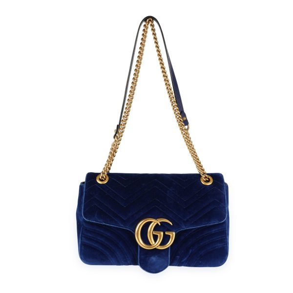 111229 bv Gucci Royal Blue Matelass√© Velvet GG Marmont Medium Shoulder Bag