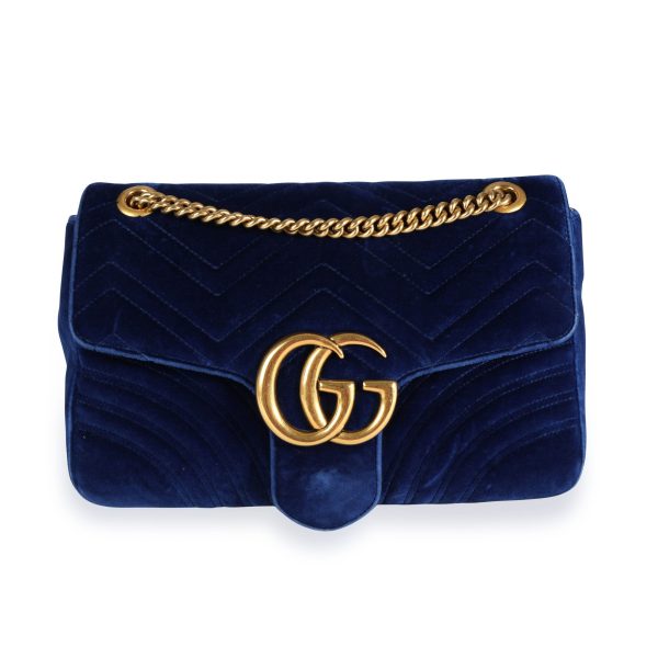 111229 fv Gucci Royal Blue Matelass√© Velvet GG Marmont Medium Shoulder Bag