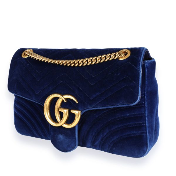 111229 sv Gucci Royal Blue Matelass√© Velvet GG Marmont Medium Shoulder Bag