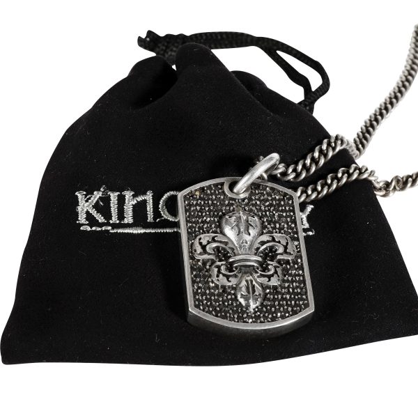 111656 box 09c54ec8 7472 45b7 863c 90907e53574b King Baby Pave Black Diamond Fleur de Lis Relic Dog Tag Pendant in Silver