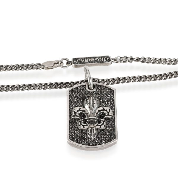 111656 clasp 0c5983c8 4e15 49ba 9b46 592a091b087a King Baby Pave Black Diamond Fleur de Lis Relic Dog Tag Pendant in Silver