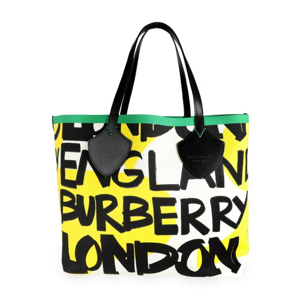 111781 fv 2d255ea1 39ed 495c b505 45c9678be230 Burberry Black Green Graffiti Print Canvas Reversible Giant Tote Bag