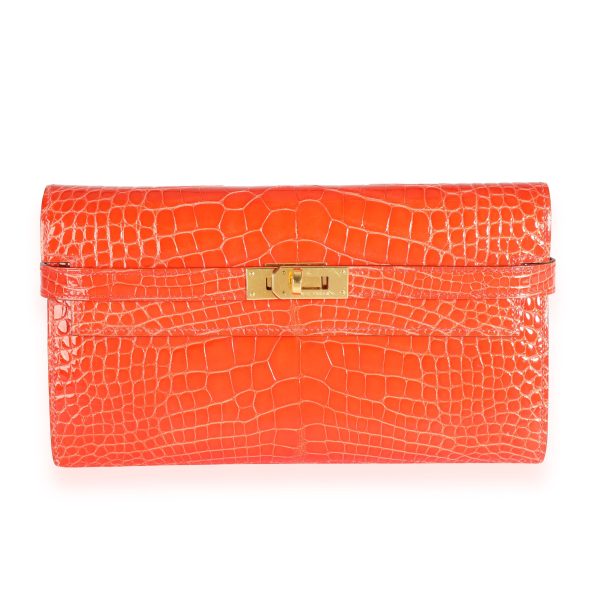 111840 fv 1545b612 dc05 42f2 9d40 963f5f9f8ca3 Hermès Tangerine Shiny Alligator Classic Kelly Wallet GHW