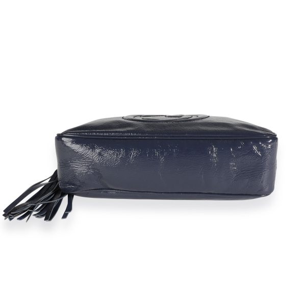 111855 stamp Gucci Navy Crinkled Patent Leather Small Soho Bowler