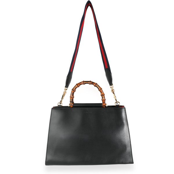 111858 bv Gucci Black Leather Bamboo Medium Nymphaea Top Handle Bag with Web Strap