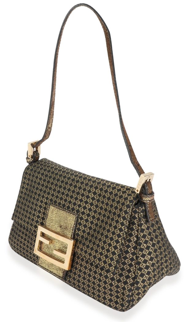 112448 sv 1f4485aa 1b98 49c7 94ed e4d4cb56a9ec Fendi Black Gold Zucchino Canvas Mini Forever Mama Baguette