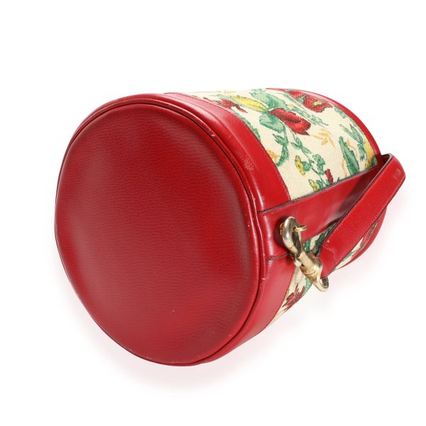 112457 box Gucci Vintage Red Leather Floral Tapestry Bucket Bag