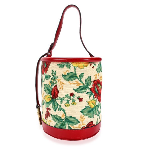 112457 fv Gucci Vintage Red Leather Floral Tapestry Bucket Bag