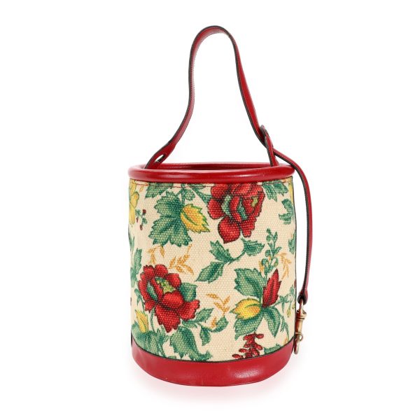 112457 pv Gucci Vintage Red Leather Floral Tapestry Bucket Bag