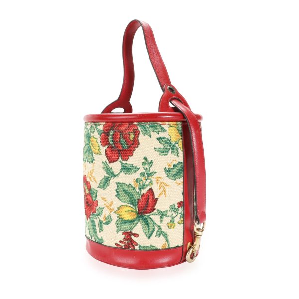 112457 sv Gucci Vintage Red Leather Floral Tapestry Bucket Bag