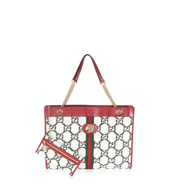 112629 fv Gucci GG White Tweed Romantic Cherry Leather Large Rajah Chain Tote