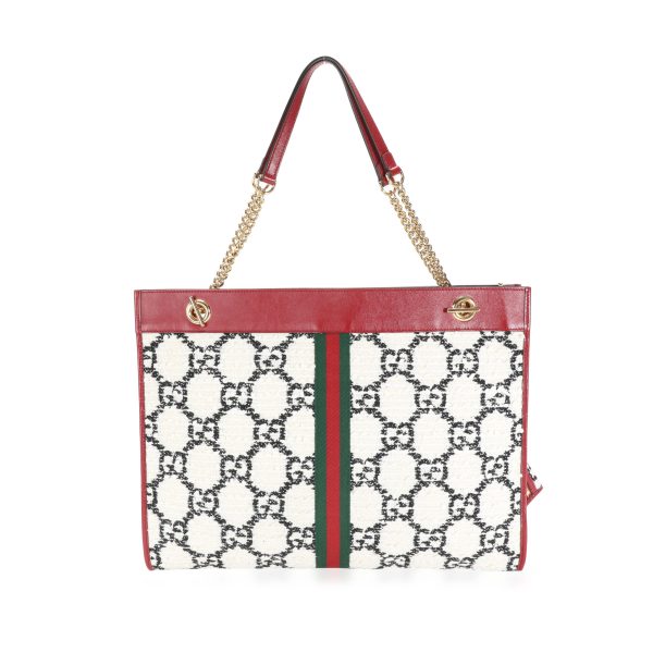 112629 pv Gucci GG White Tweed Romantic Cherry Leather Large Rajah Chain Tote