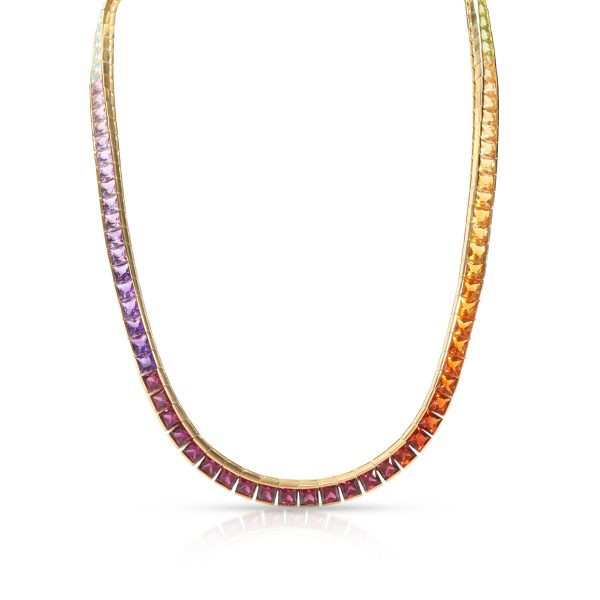 112798 fv Rainbow Square Cut Sapphires Choker Necklace in 18K Yellow Gold