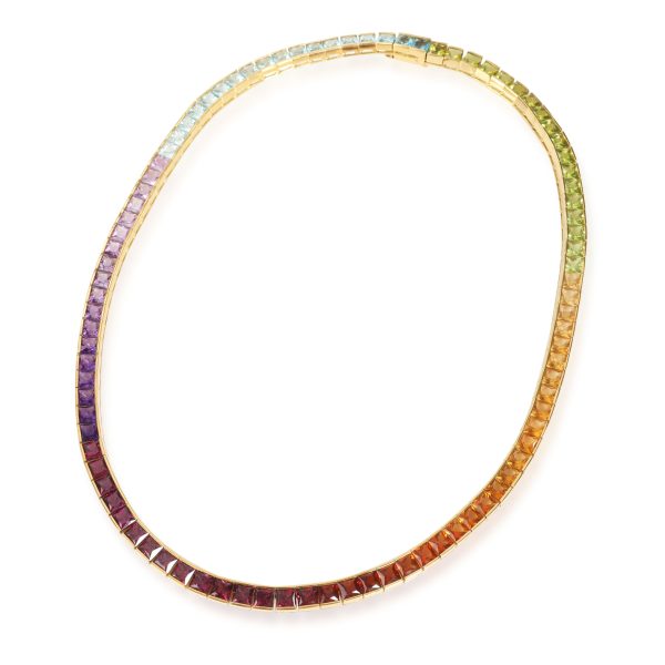 112798 pv Rainbow Square Cut Sapphires Choker Necklace in 18K Yellow Gold