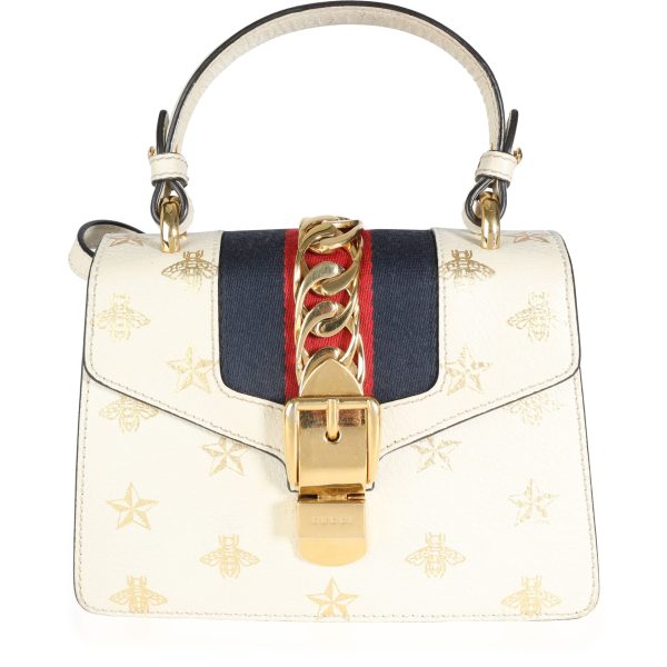 112967 fv 6e9e101f 495c 4043 89f0 c3eb468ab3da Gucci White Calfskin Mini Sylvie Bee Star Top Handle Bag