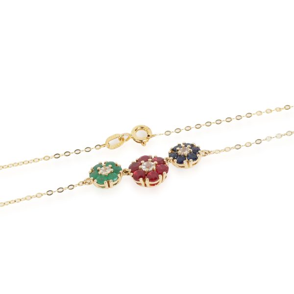 113066 clasp Ruby Sapphire and Emerald Flower Pendant in 14K Yellow Gold