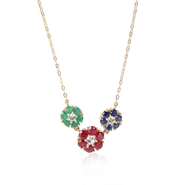 113066 fv Ruby Sapphire and Emerald Flower Pendant in 14K Yellow Gold